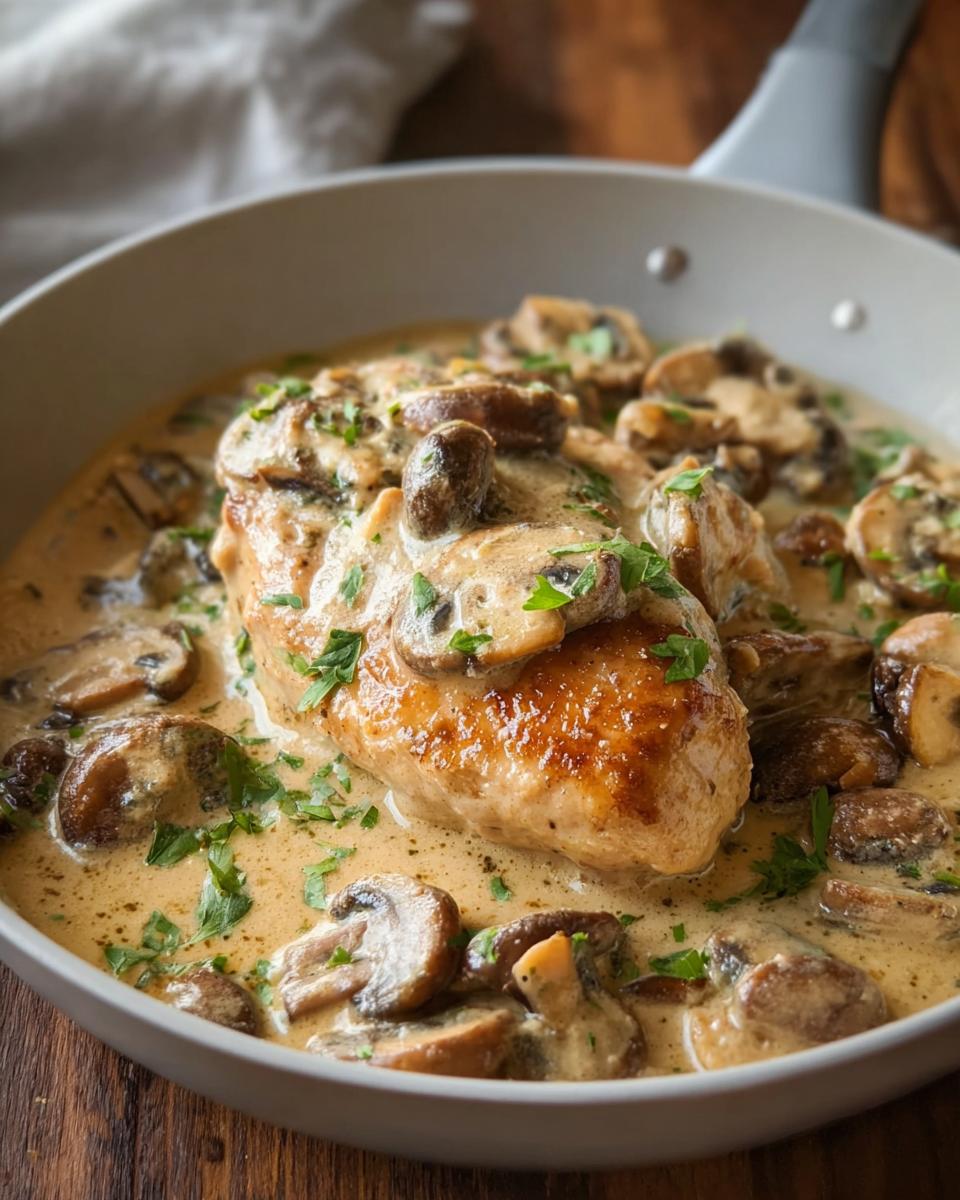 A golden-brown chicken breast smothered in a rich, creamy mushroom sauce, served in a light-colored pan.