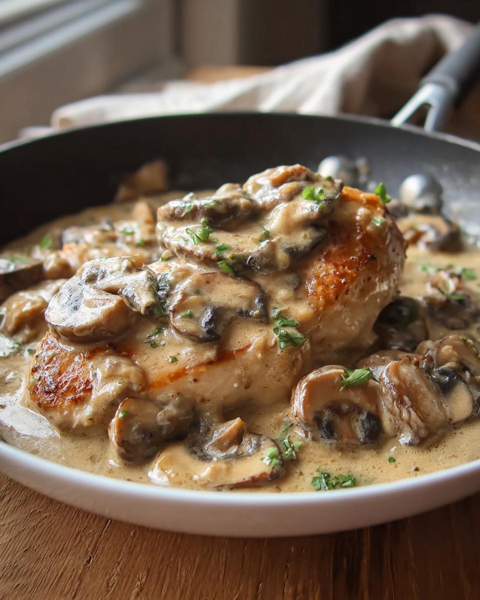 Close-up of pan-seared Creamy Mushroom Chicken Breasts smothered in a rich, creamy mushroom sauce.