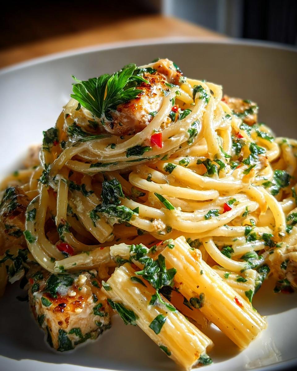 Close-up of creamy pasta with chicken, green herbs, and red pepper flakes, perfect for Pasta Recipes in 10 Minutes.