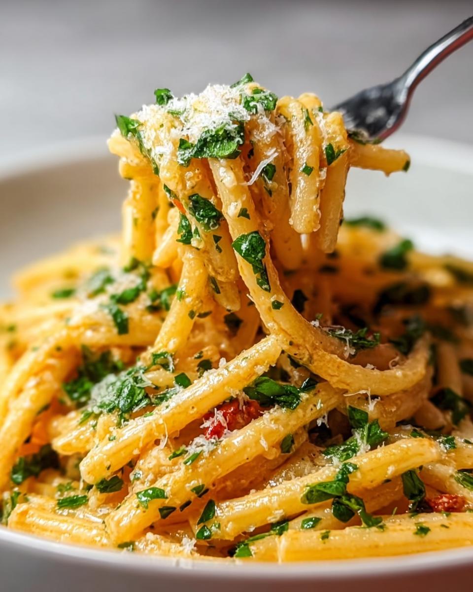 A fork lifting a twirl of creamy pasta coated in sauce, topped with fresh parsley and grated Parmesan cheese, part of Restaurant-Style Pasta Recipes at Home.