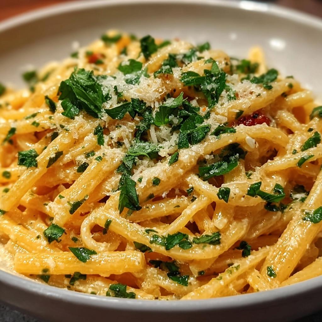 Close-up of creamy pasta topped with grated cheese and fresh parsley, perfect for Restaurant-Style Pasta Recipes at Home.