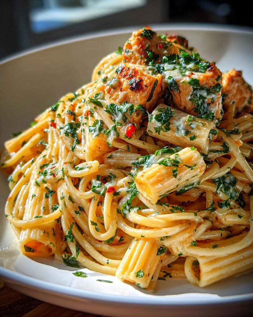 Close-up of a creamy pasta dish featuring rigatoni and spaghetti mixed with chunks of protein, herbs, and chili flakes, perfect for Pasta Recipes in 10 Minutes.