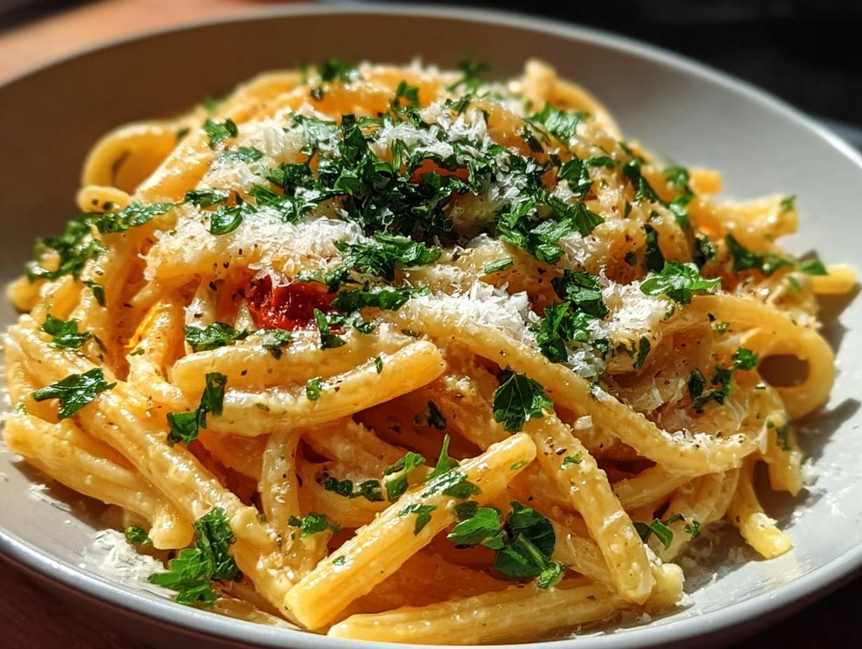 Close-up of creamy pasta topped with grated cheese and fresh parsley, perfect for Restaurant-Style Pasta Recipes at Home.