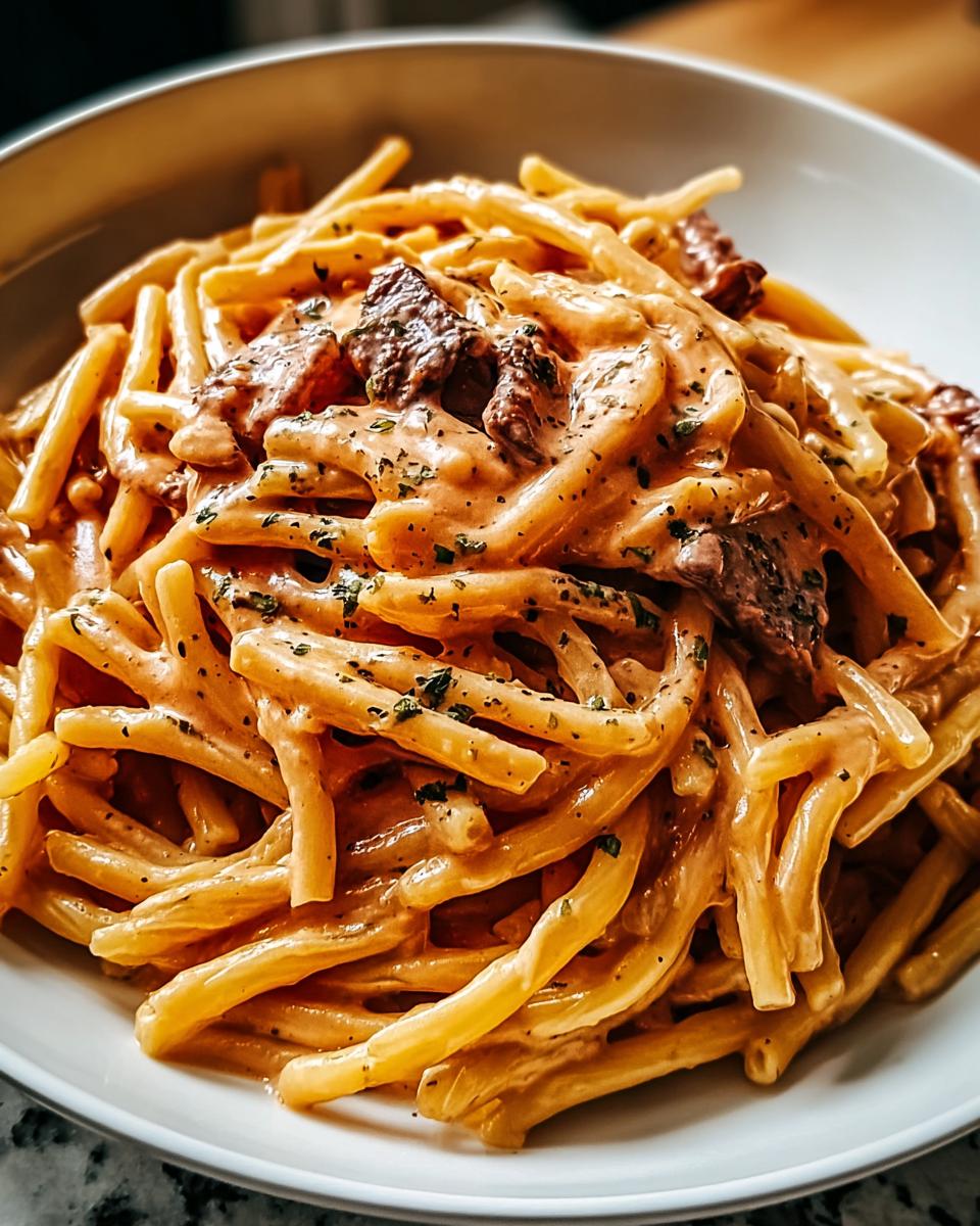 Close-up of creamy pasta with meat chunks and herbs, perfect for The Ultimate Pasta Recipes Guide.