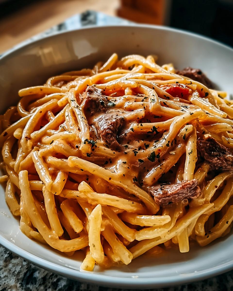 Close-up of short, tubular pasta coated in a creamy sauce with chunks of meat, perfect for The Ultimate Pasta Recipes Guide.