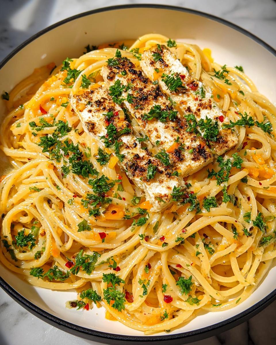 A bowl of creamy spaghetti tossed with vegetables, topped with seasoned seared tofu slices and fresh parsley.