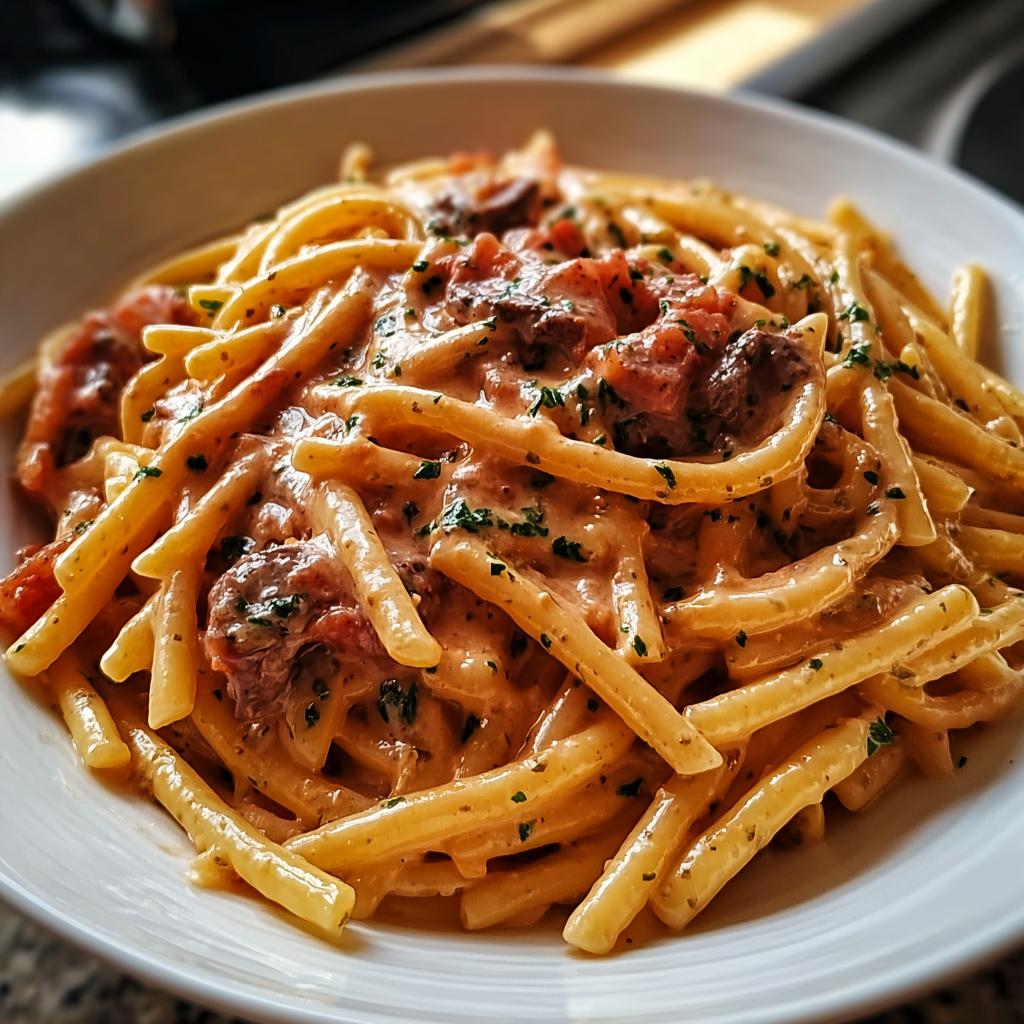 Close-up of creamy pasta with chunky tomato sauce and herbs, perfect for The Ultimate Pasta Recipes Guide.