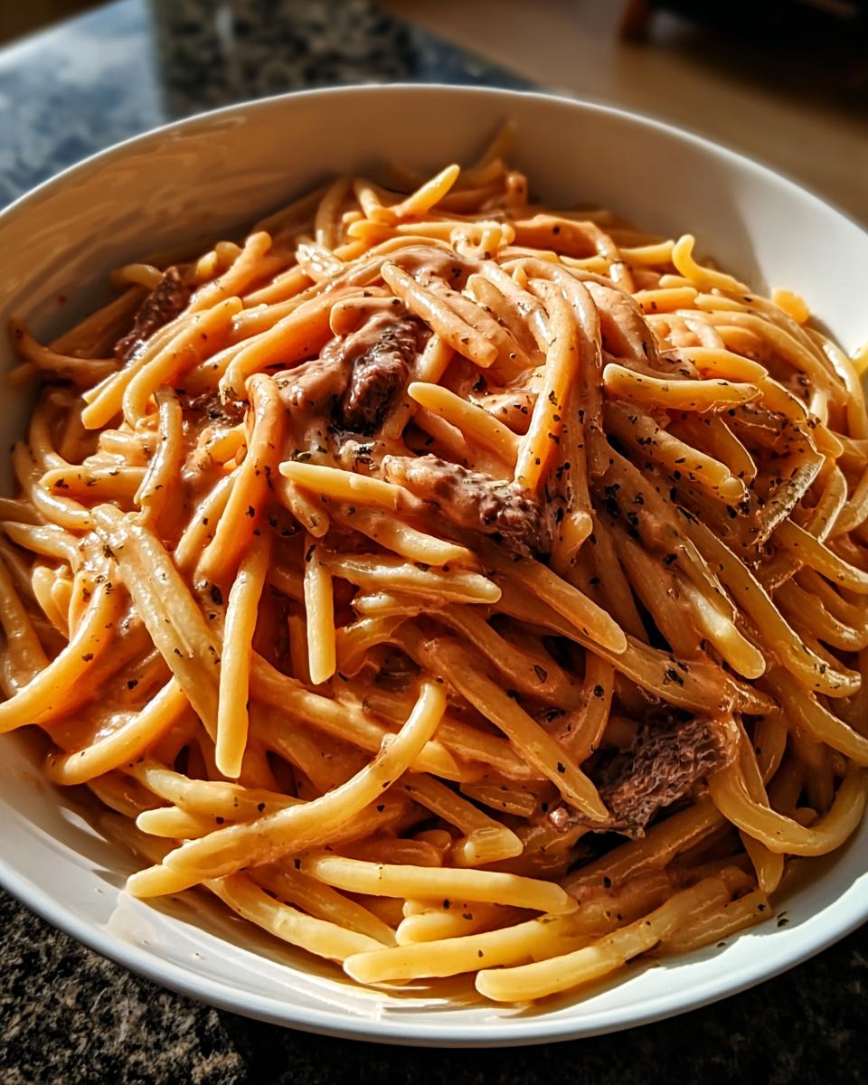 Close-up of pasta coated in a creamy, orange-hued sauce with dark herbs, part of The Ultimate Pasta Recipes Guide.