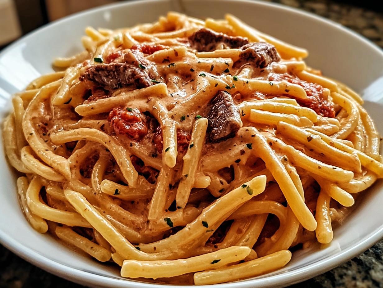 Close-up of creamy pasta with meat chunks and sun-dried tomatoes, perfect for The Ultimate Pasta Recipes Guide.