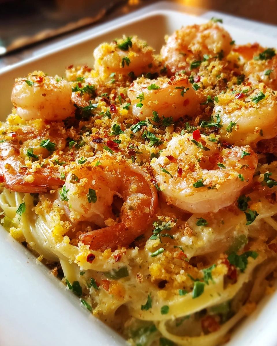 Close-up of creamy pasta topped with perfectly cooked shrimp, golden breadcrumbs, and parsley, showcasing great shrimp recipes.