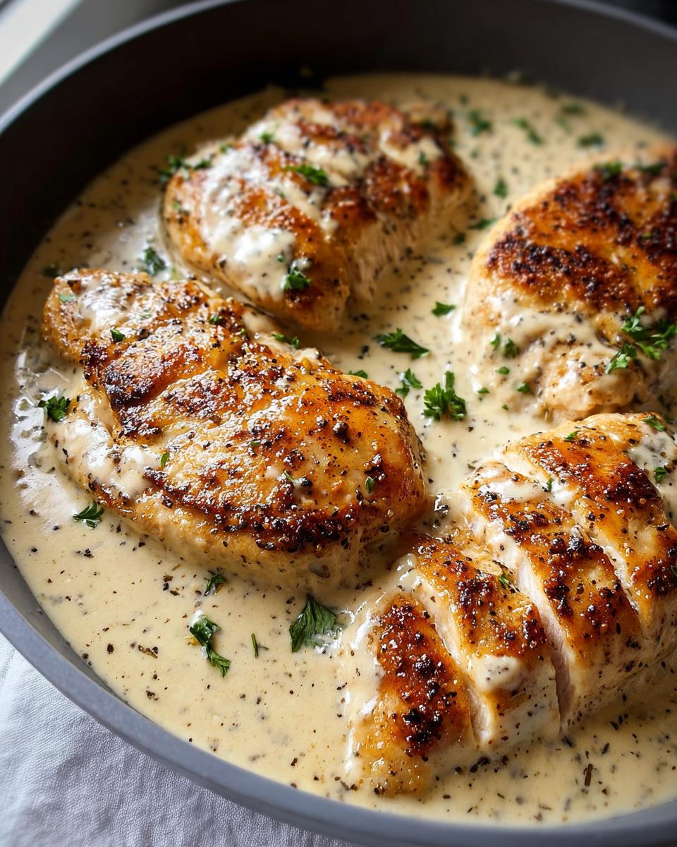 Three seared chicken breasts simmering in a rich, creamy Ranch sauce speckled with black pepper and parsley.