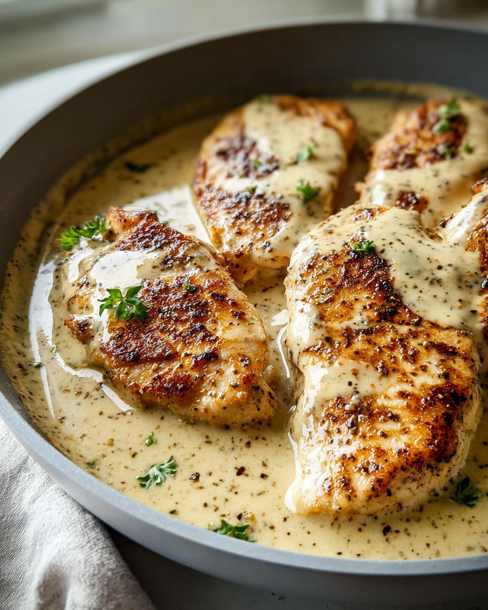 Four seared chicken breasts covered in a thick, creamy ranch sauce, garnished with parsley.