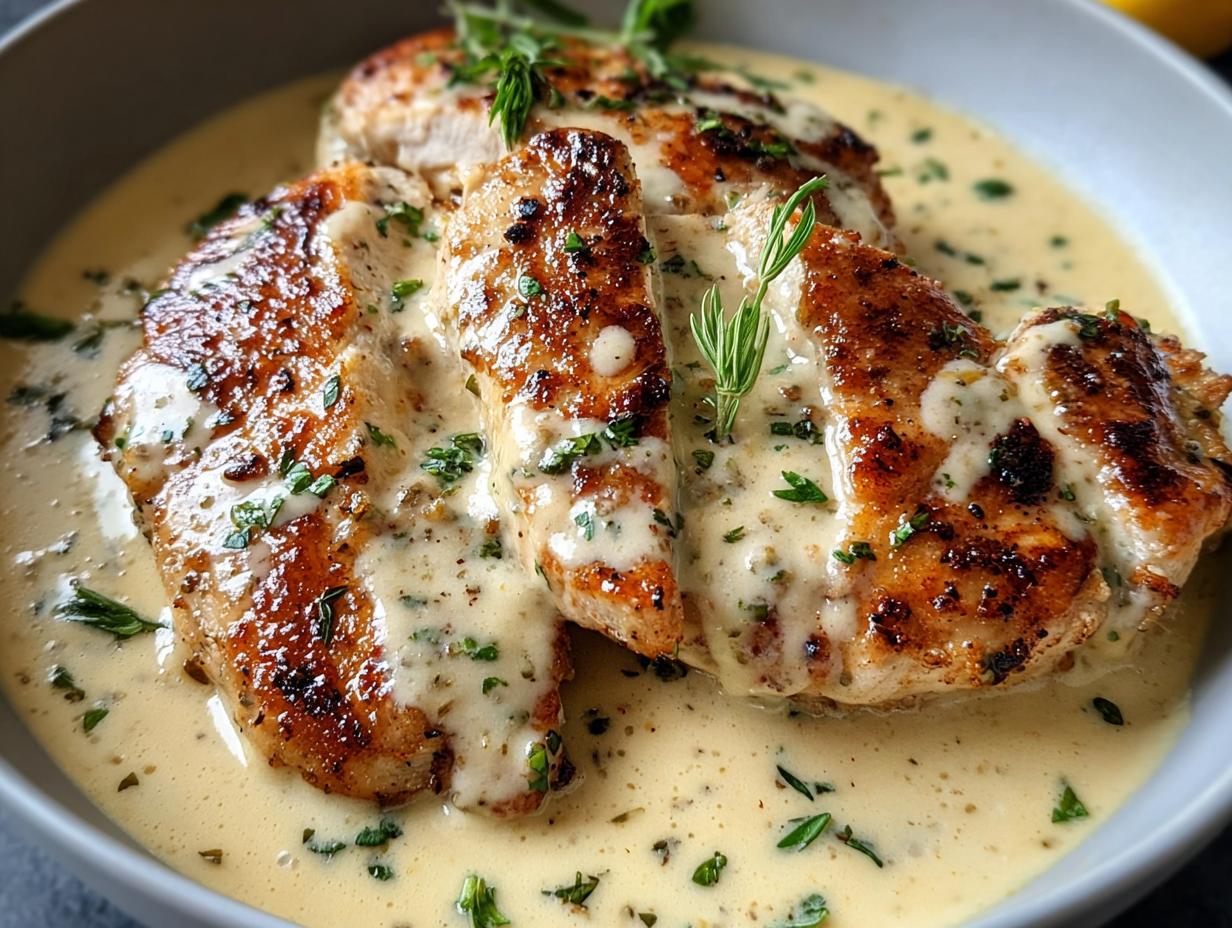 Three pan-seared chicken breasts covered in creamy Ranch sauce and garnished with fresh herbs.