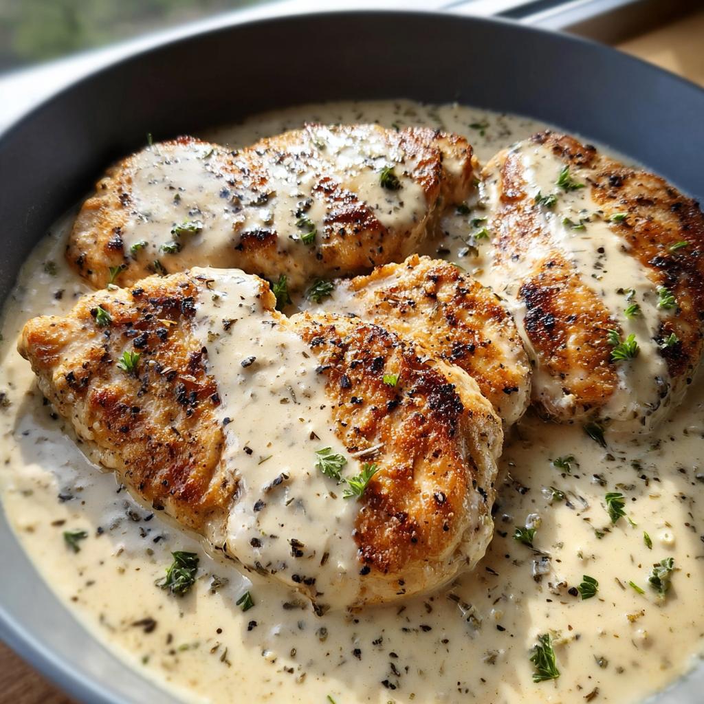 Three golden-brown chicken breasts smothered in a rich, creamy ranch sauce and garnished with herbs.