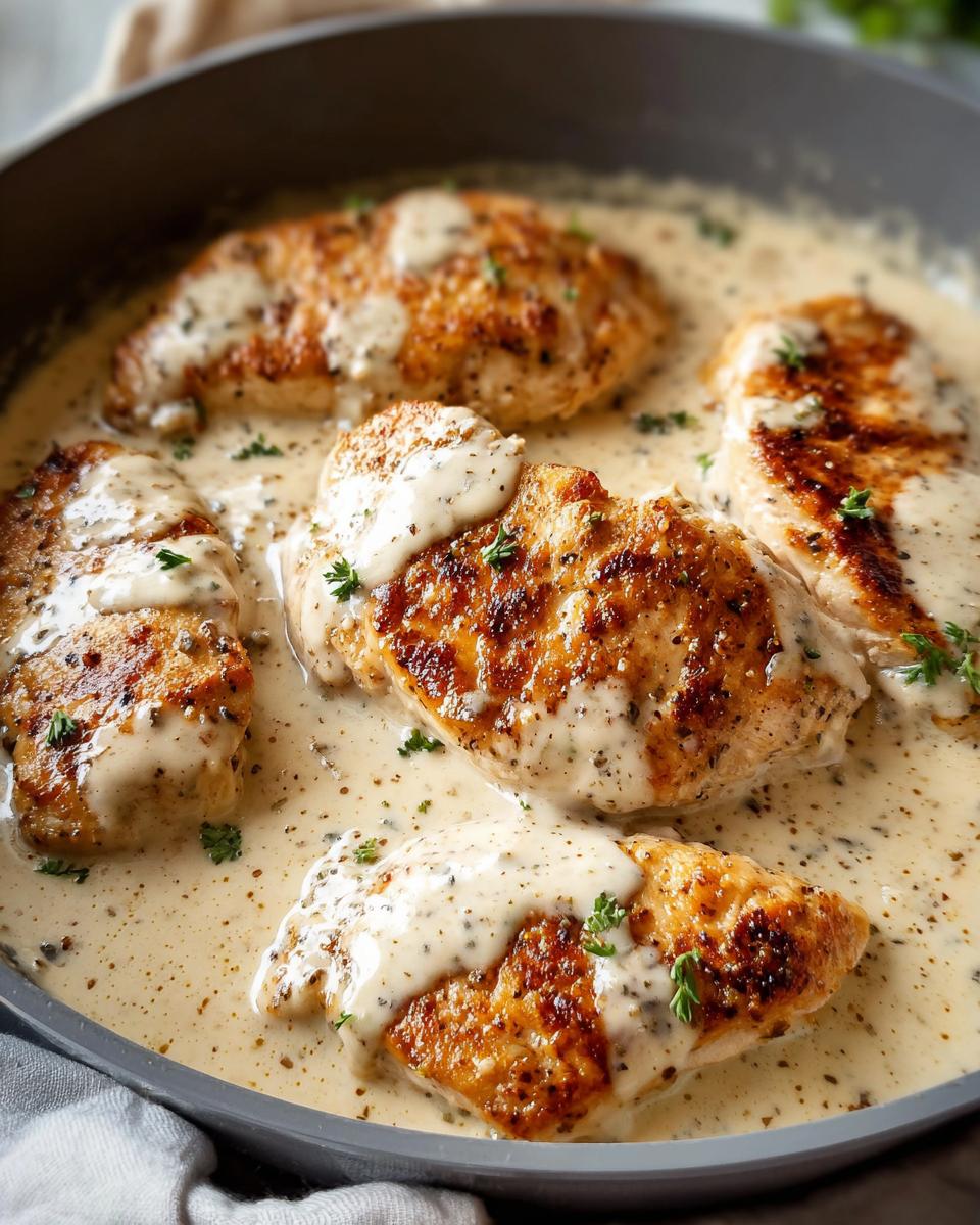 Four golden-brown chicken breasts simmering in a rich, creamy Ranch sauce in a dark skillet.