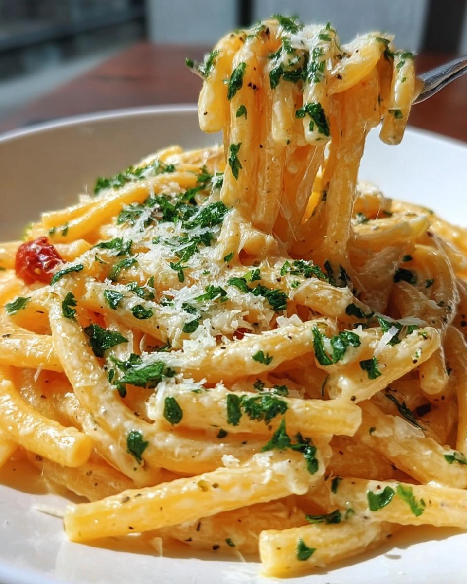 A fork lifting creamy, cheesy pasta coated in sauce, topped with Parmesan and parsley, showcasing Restaurant-Style Pasta Recipes at Home.