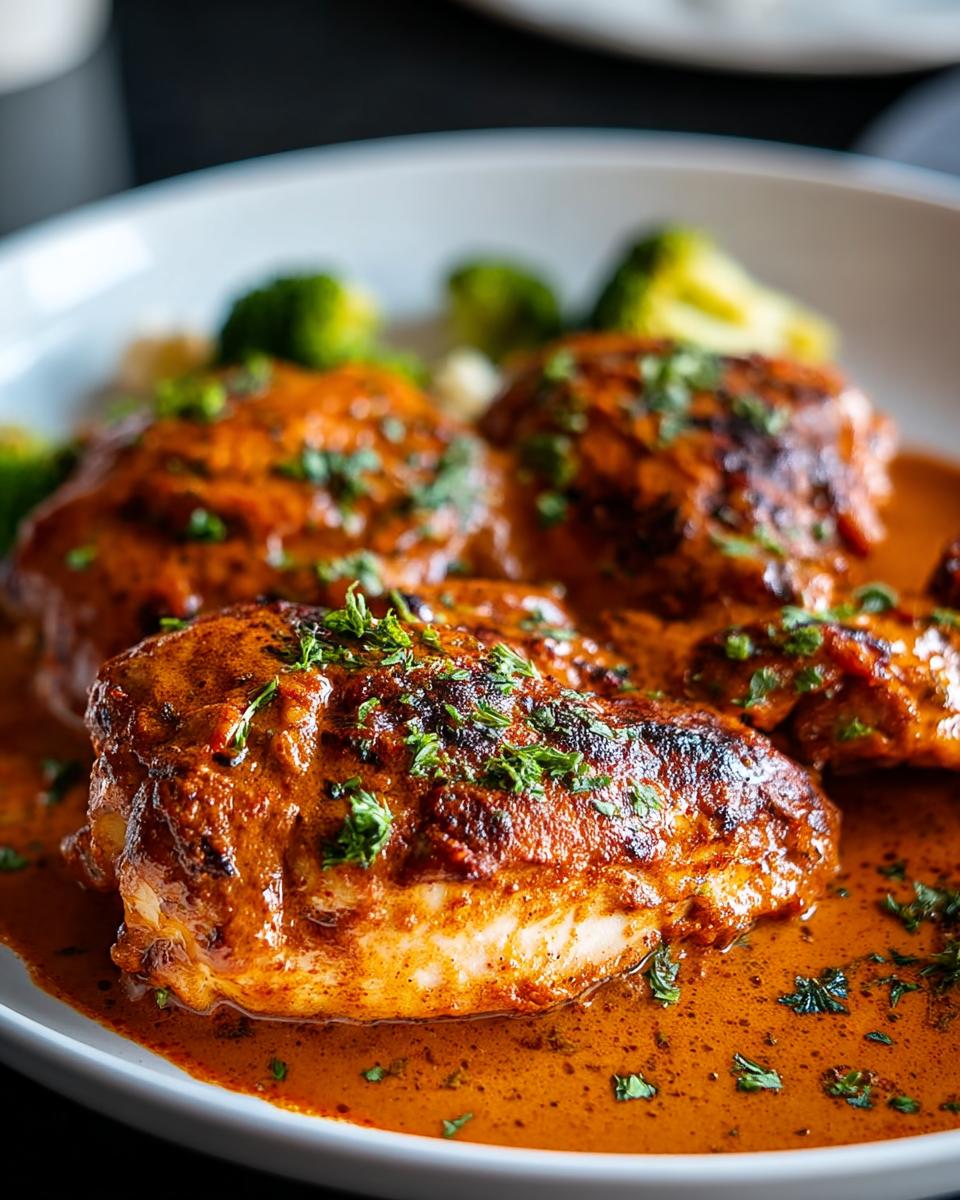 Close-up of seared chicken breasts smothered in a rich, orange-red creamy sauce, garnished with parsley, part of 10-Ingredient Chicken Recipes.