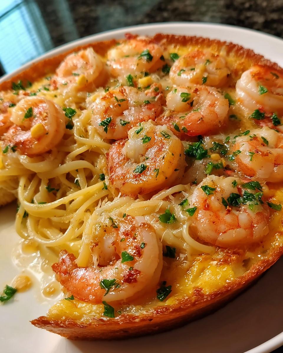 Close-up of a creamy pasta dish topped with perfectly cooked shrimp recipes and fresh parsley.