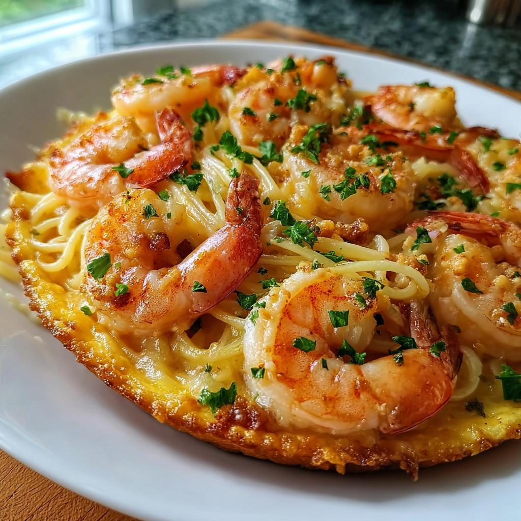 Close-up of a creamy pasta dish topped with perfectly cooked shrimp and fresh parsley, highlighting why everyone loves this shrimp recipes.