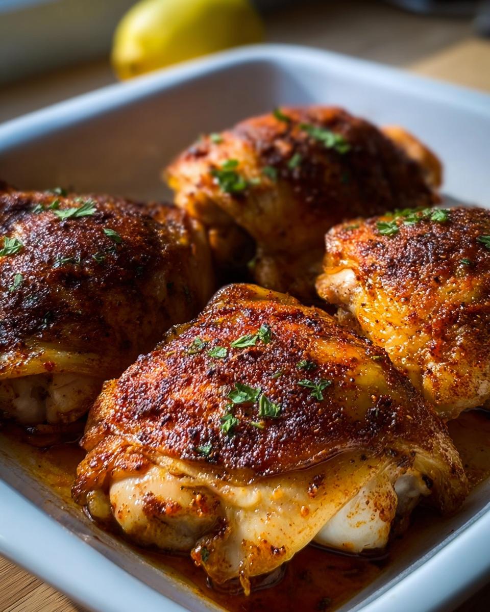 Four perfectly baked, crispy-skinned chicken thighs seasoned with spices, ready for one of the 20-Ingredient Chicken Thigh Recipes.