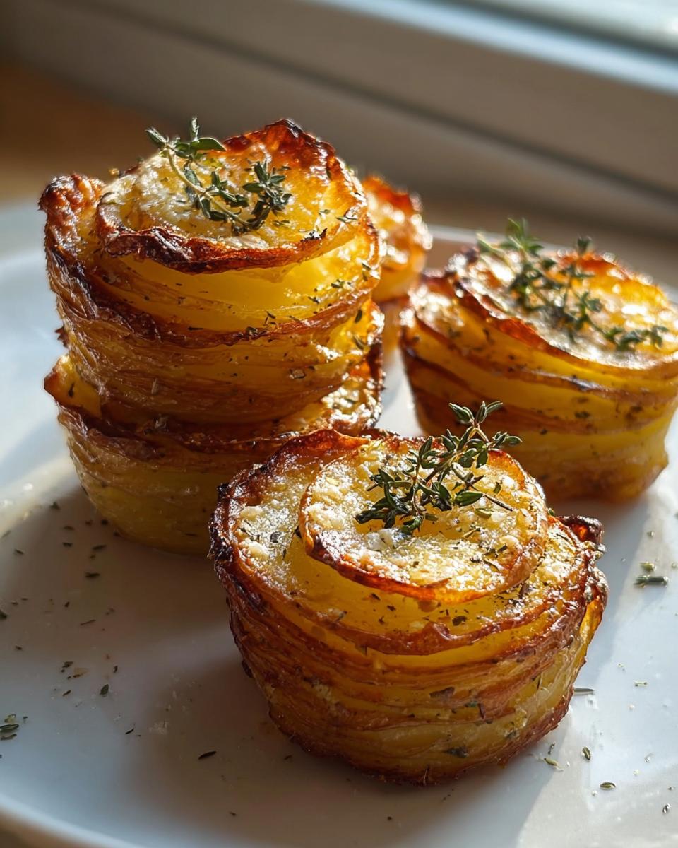 Close-up of crispy baked garlic butter potatoes, layered and baked into individual golden rounds, topped with fresh thyme.