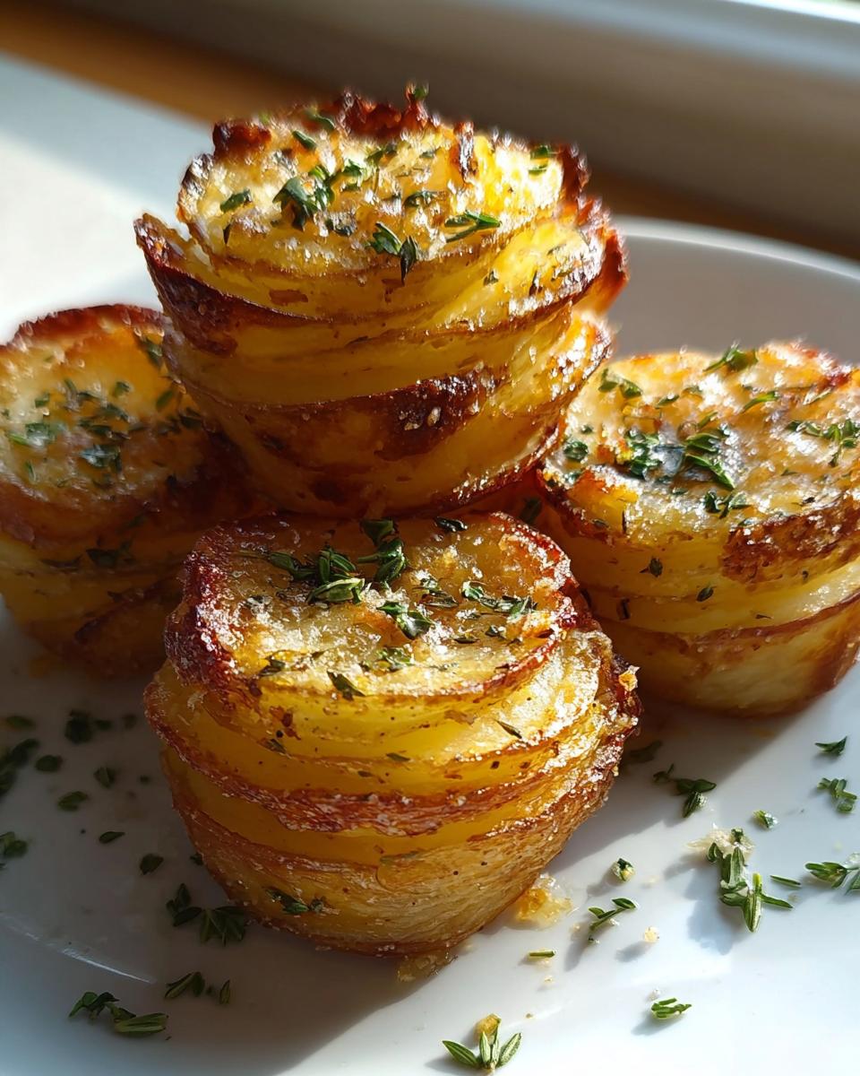 Four stacks of crispy baked garlic butter potatoes with fresh herbs, showing a golden crust.