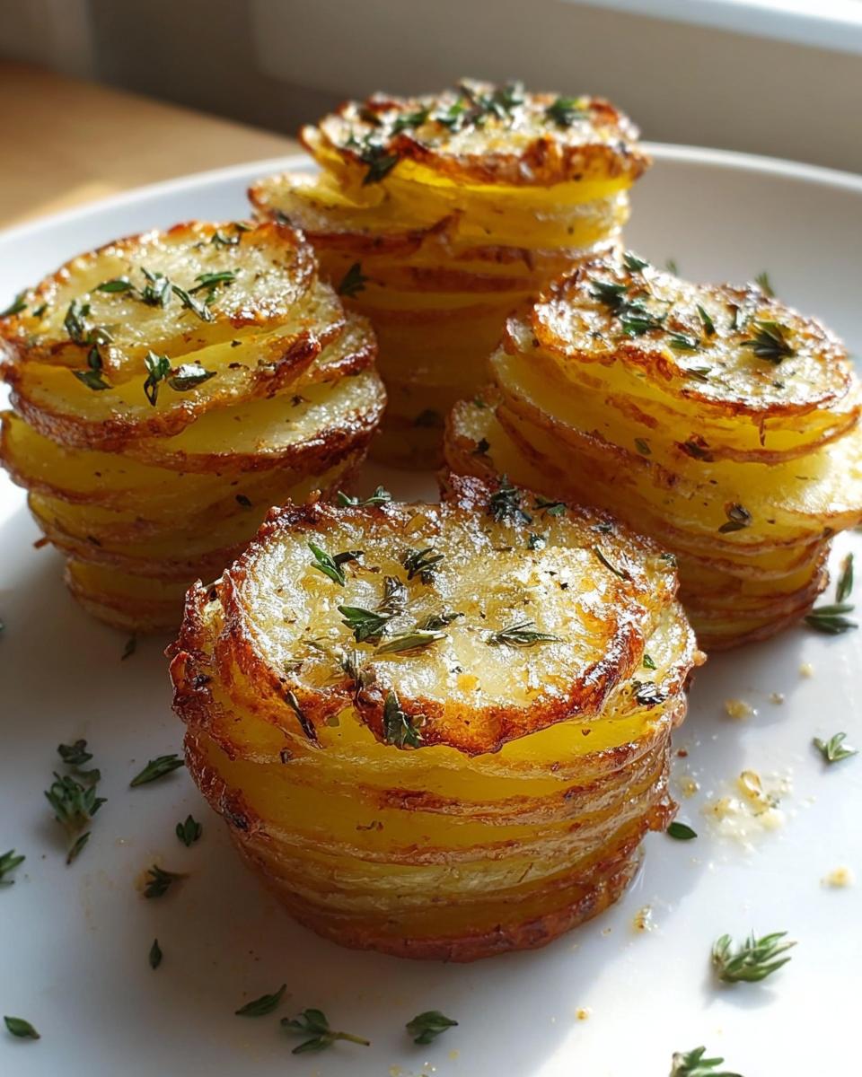 Four stacks of crispy baked garlic butter potatoes with fresh herbs, showing a golden crust.