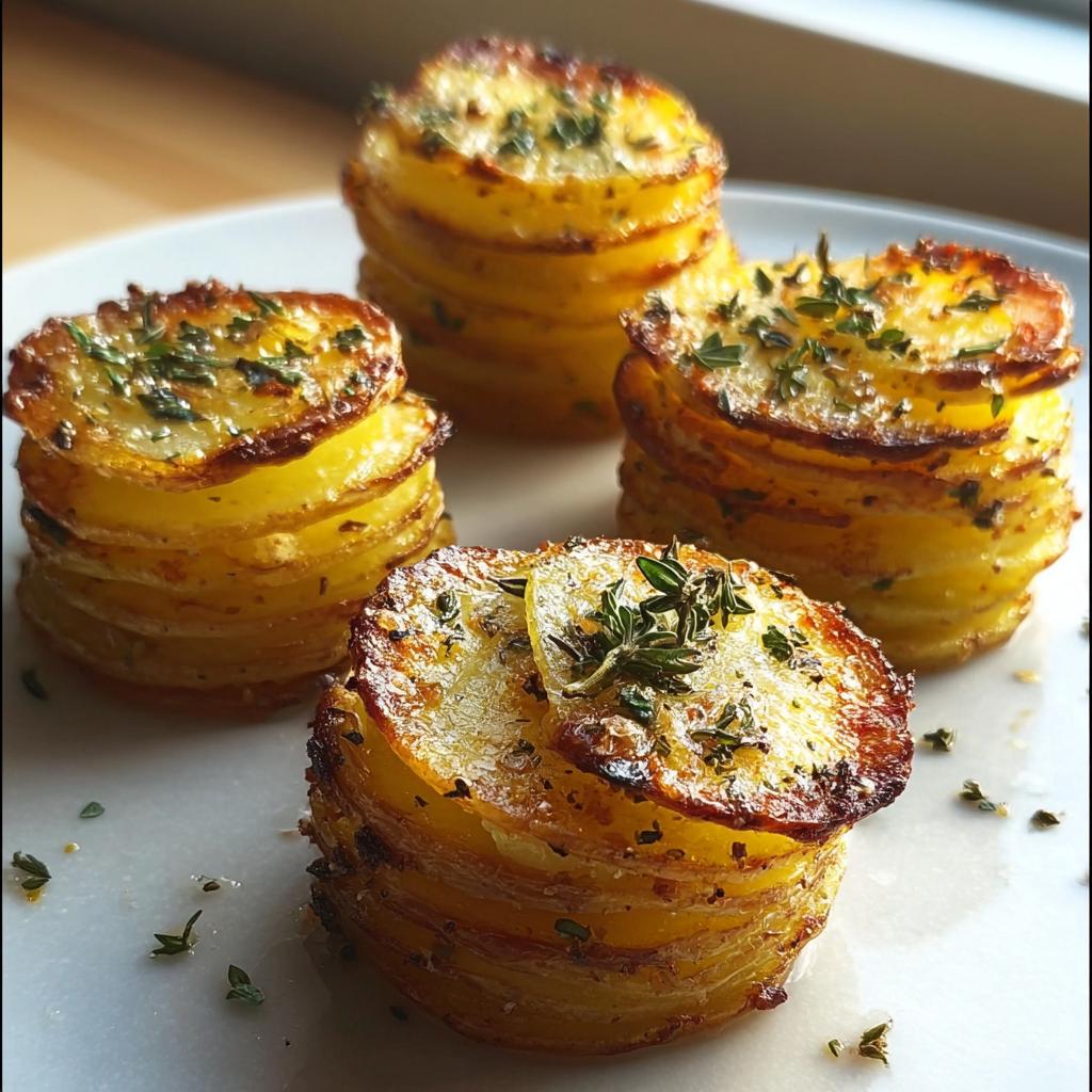 Four stacks of crispy baked garlic butter potatoes with fresh herbs, showing a golden crust.
