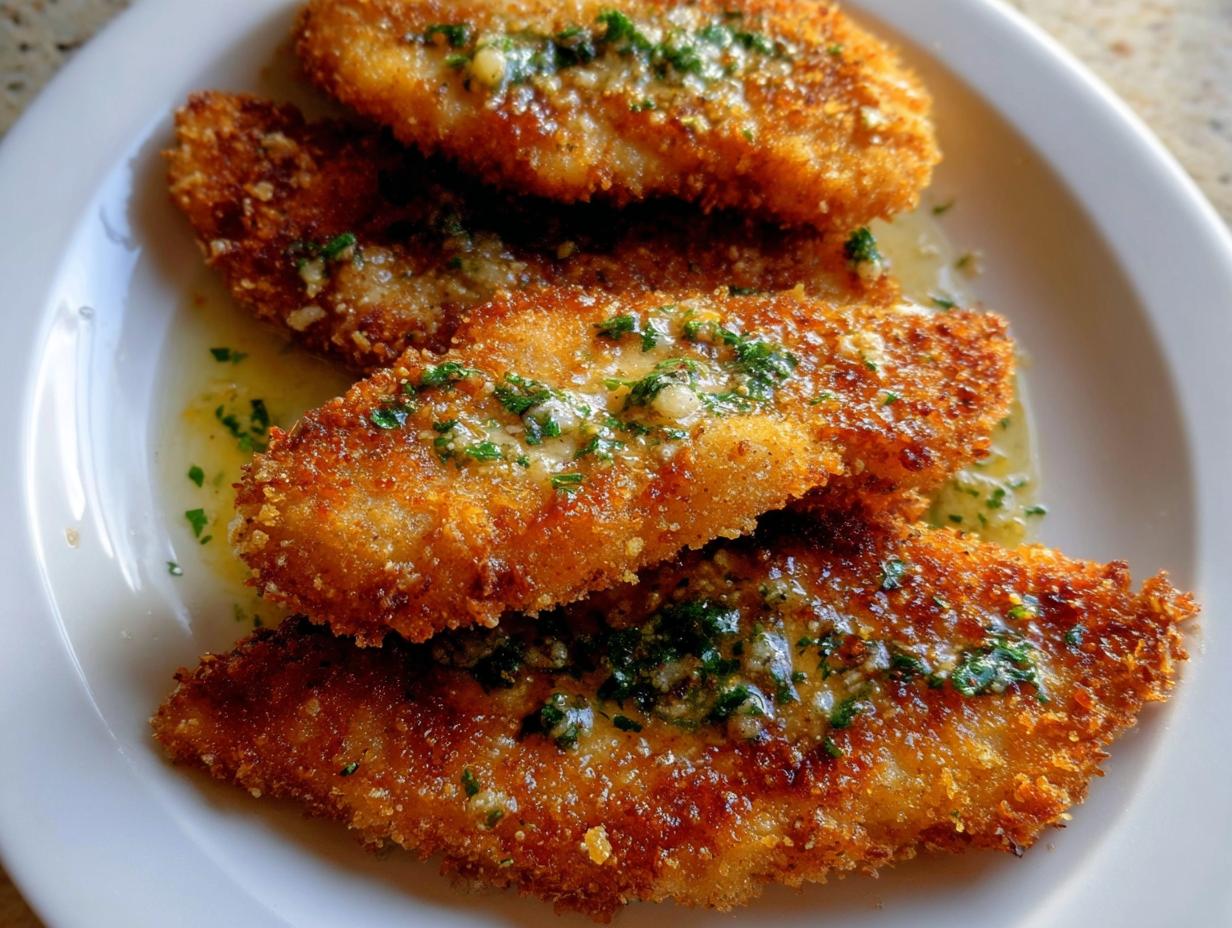 Four golden brown Crispy Chicken Cutlets with Lemon sauce and parsley on a white plate.