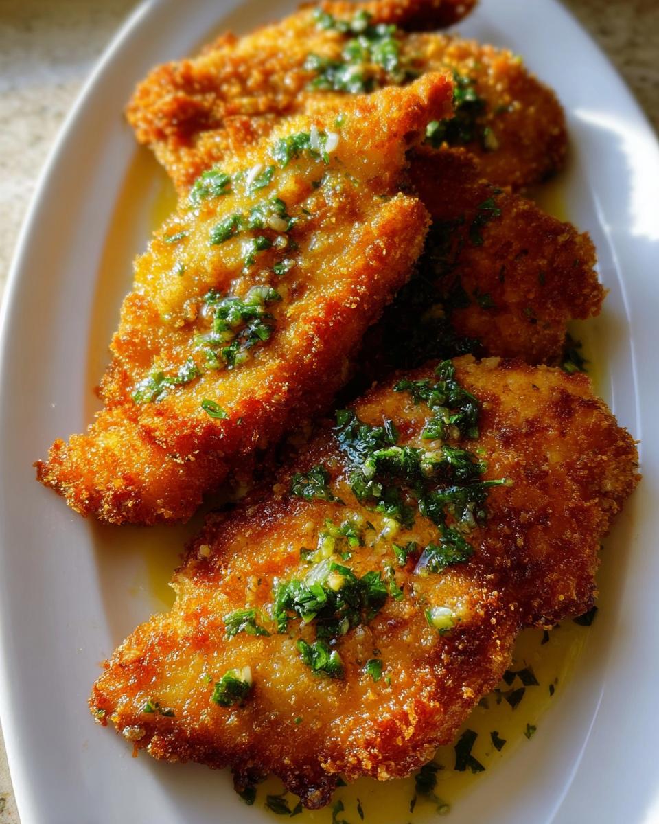Close-up of golden brown Crispy Chicken Cutlets with Lemon drizzled with a bright green herb and garlic sauce.