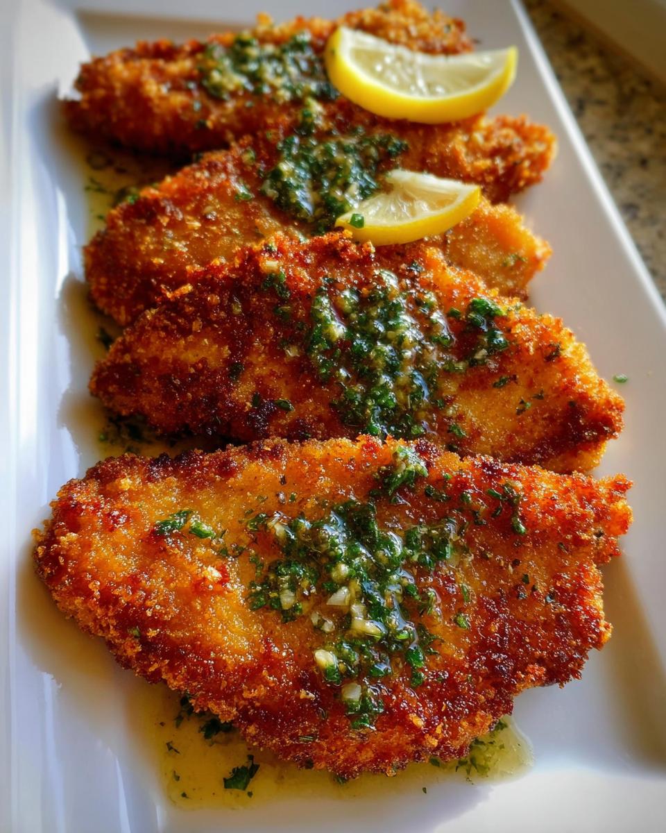 Four golden brown Crispy Chicken Cutlets with Lemon sauce and fresh parsley, garnished with lemon wedges.