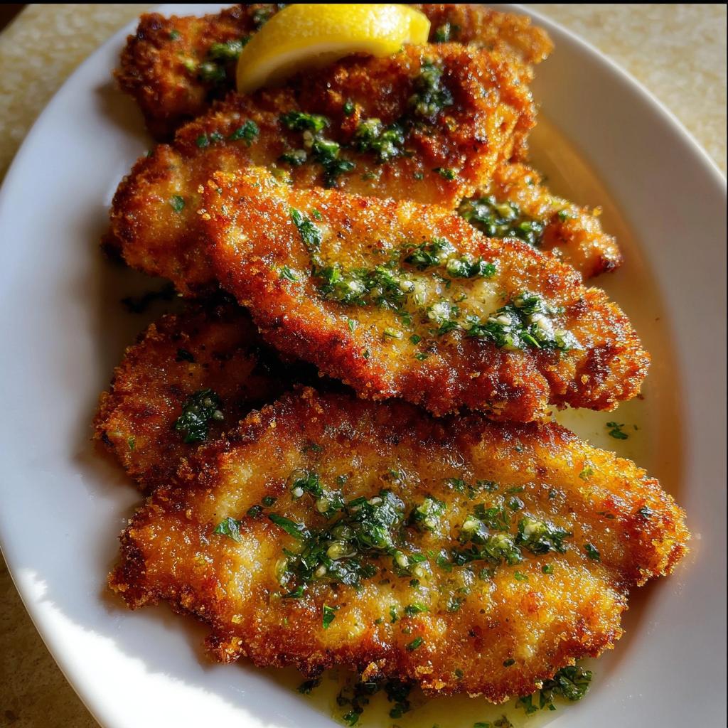 Four golden brown Crispy Chicken Cutlets with Lemon sauce and fresh parsley served on a white plate.