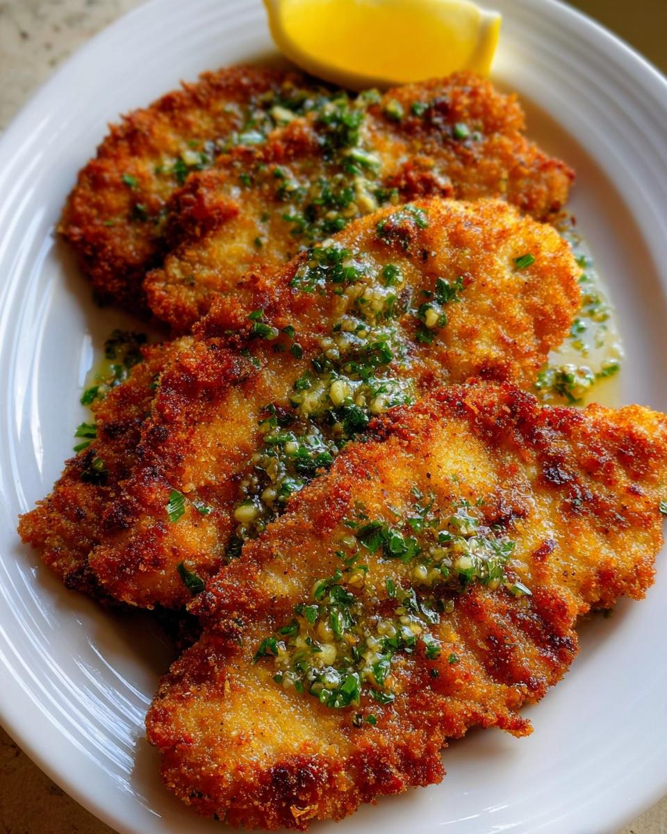 Three golden brown Crispy Chicken Cutlets with Lemon sauce drizzled on top, served on a white plate.