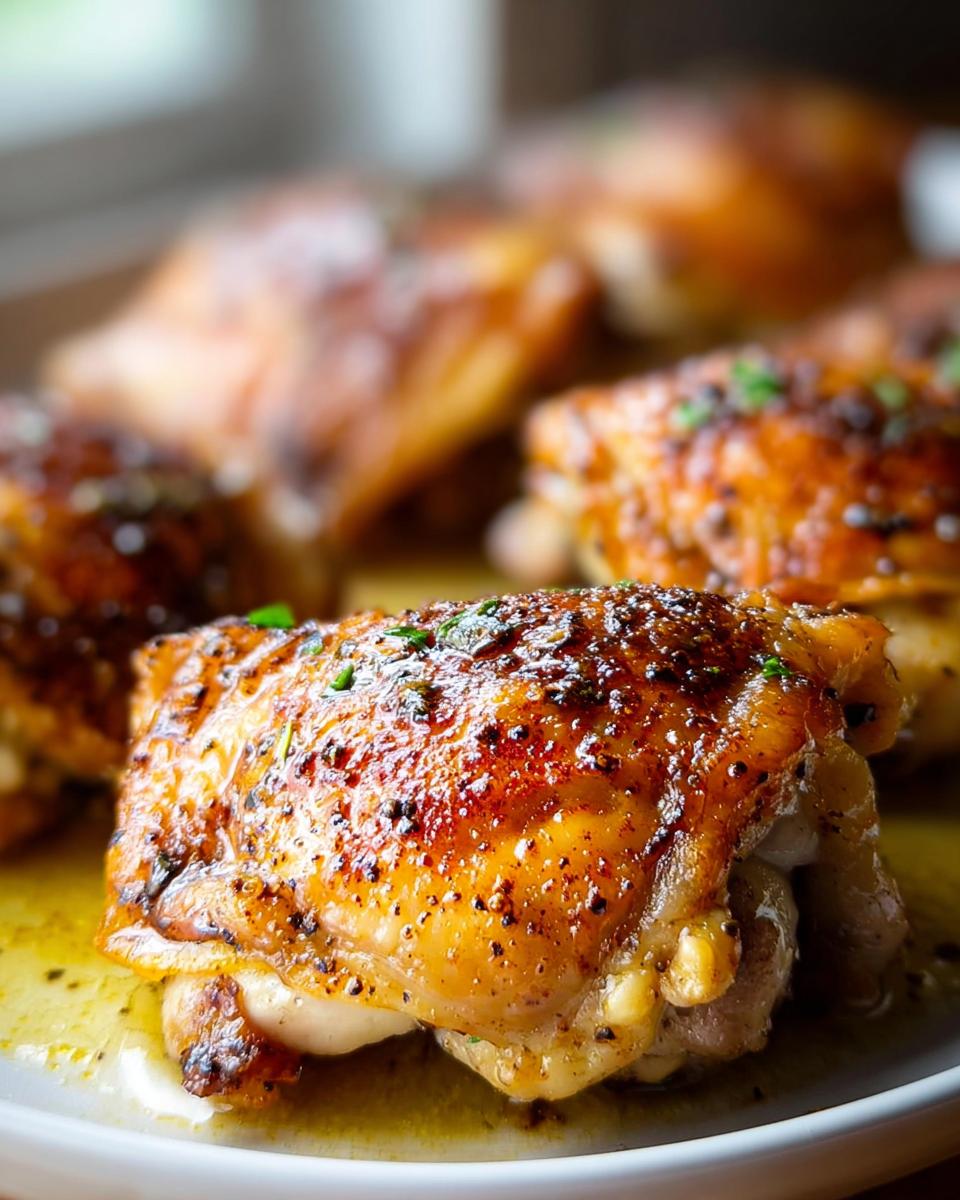 Close-up of a perfectly roasted, crispy skin chicken thigh seasoned with herbs and sitting in pan juices.