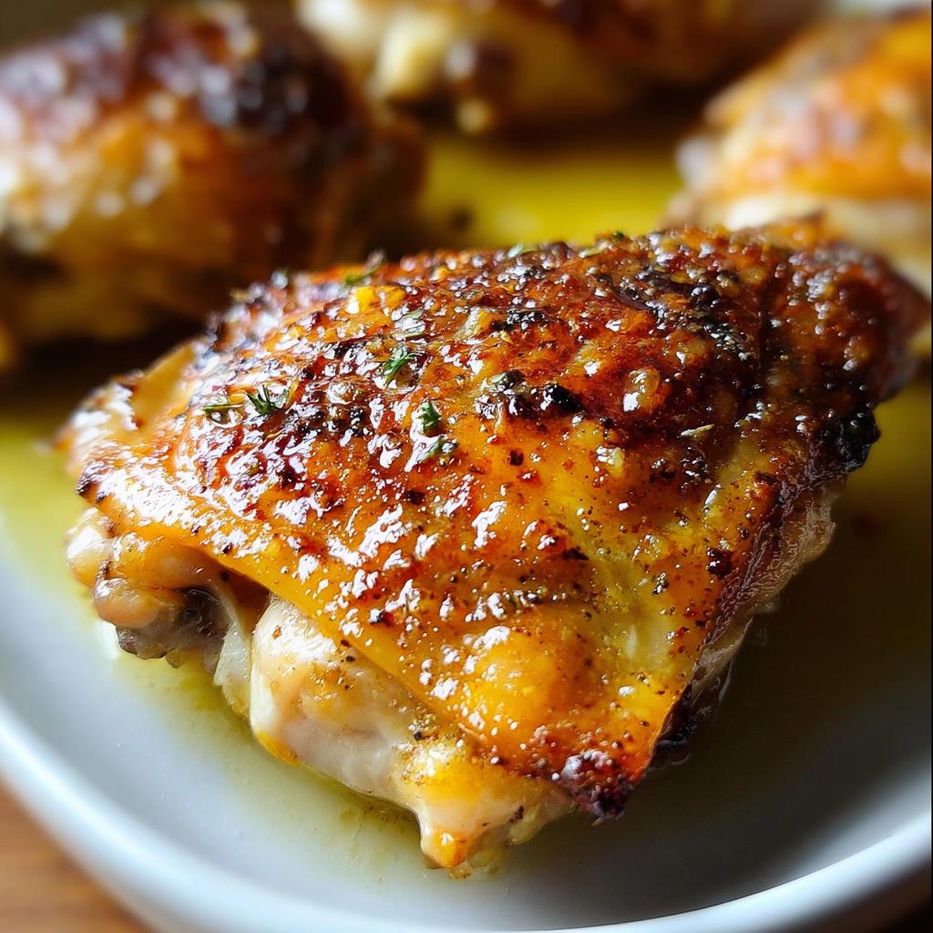 Close-up of a perfectly roasted chicken thigh with crispy, glazed skin, part of the What I Cook When I Crave Chicken Thigh Recipes.