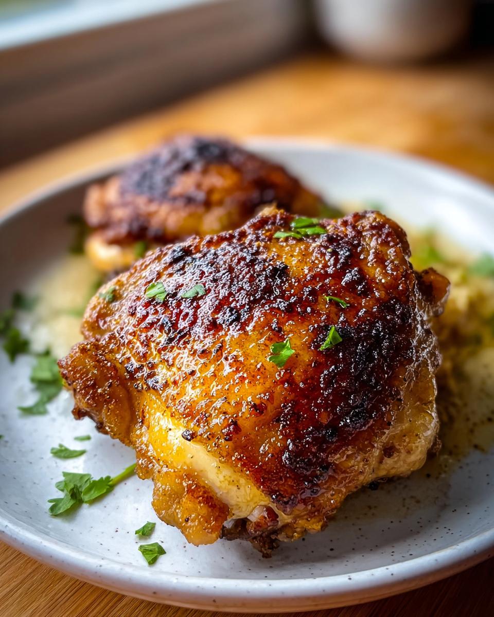 Close-up of a perfectly cooked, crispy skin chicken thigh, garnished with parsley, illustrating how to make chicken thigh recipes like a pro.