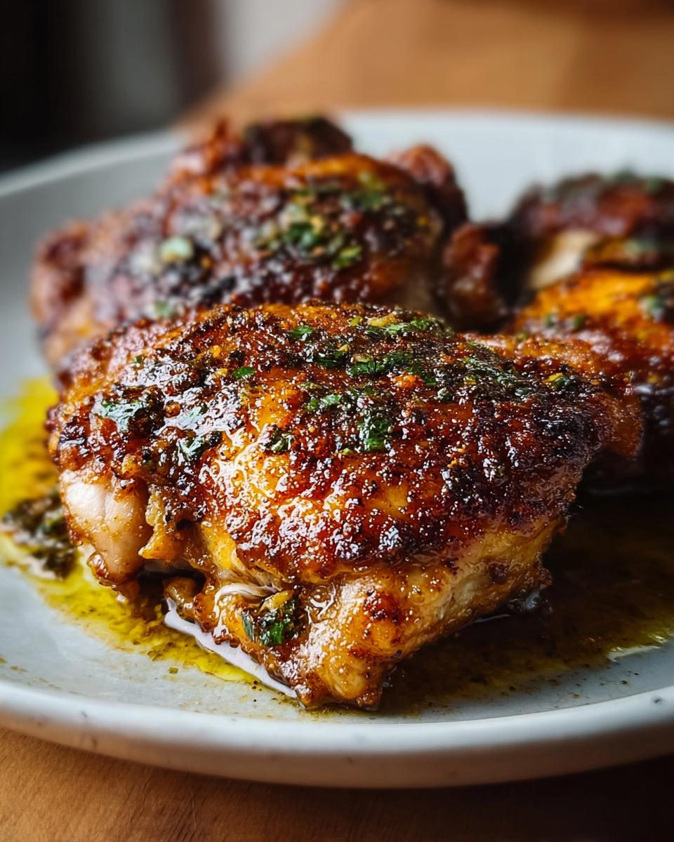 Close-up of a perfectly cooked, crispy skin chicken thigh recipe glistening with sauce and herbs.