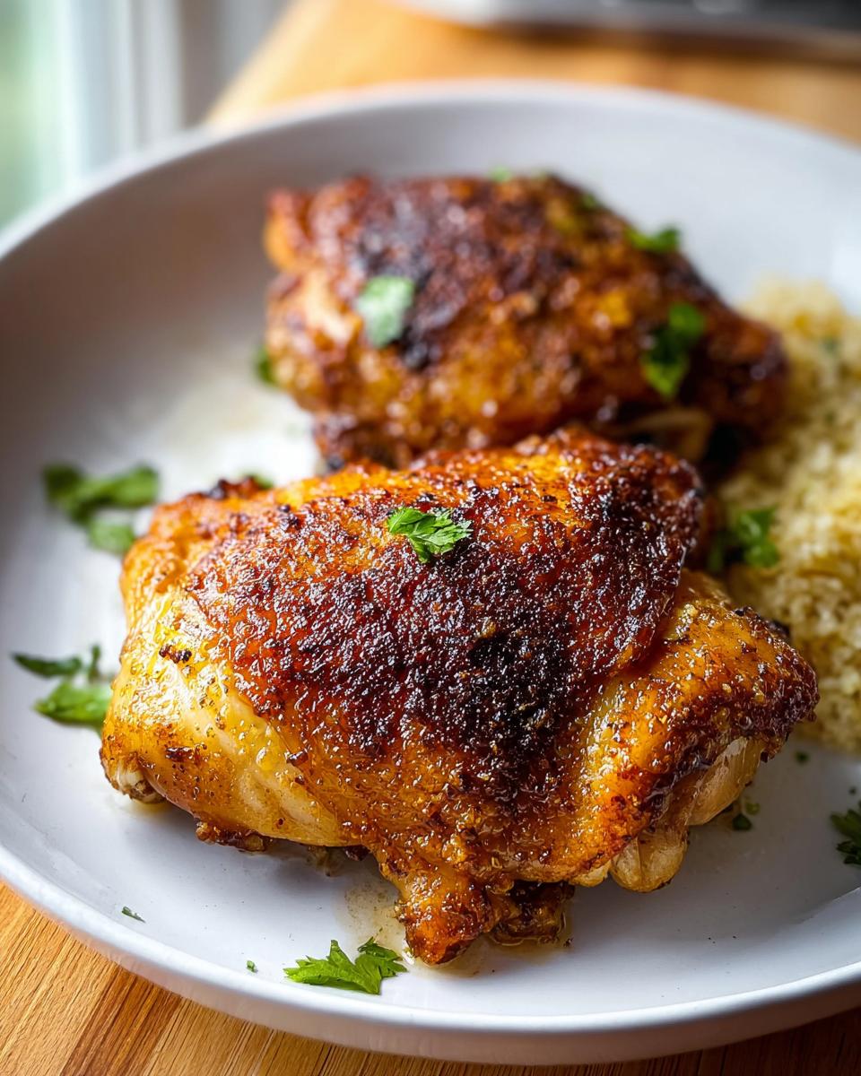Two perfectly cooked, crispy-skinned chicken thighs served with a side of couscous.