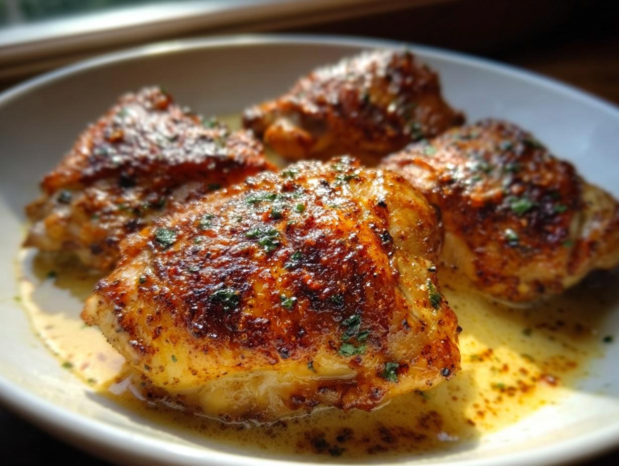 Four perfectly cooked, crispy skin chicken thighs resting in pan juices, part of The Ultimate Chicken Thigh Recipes Guide.