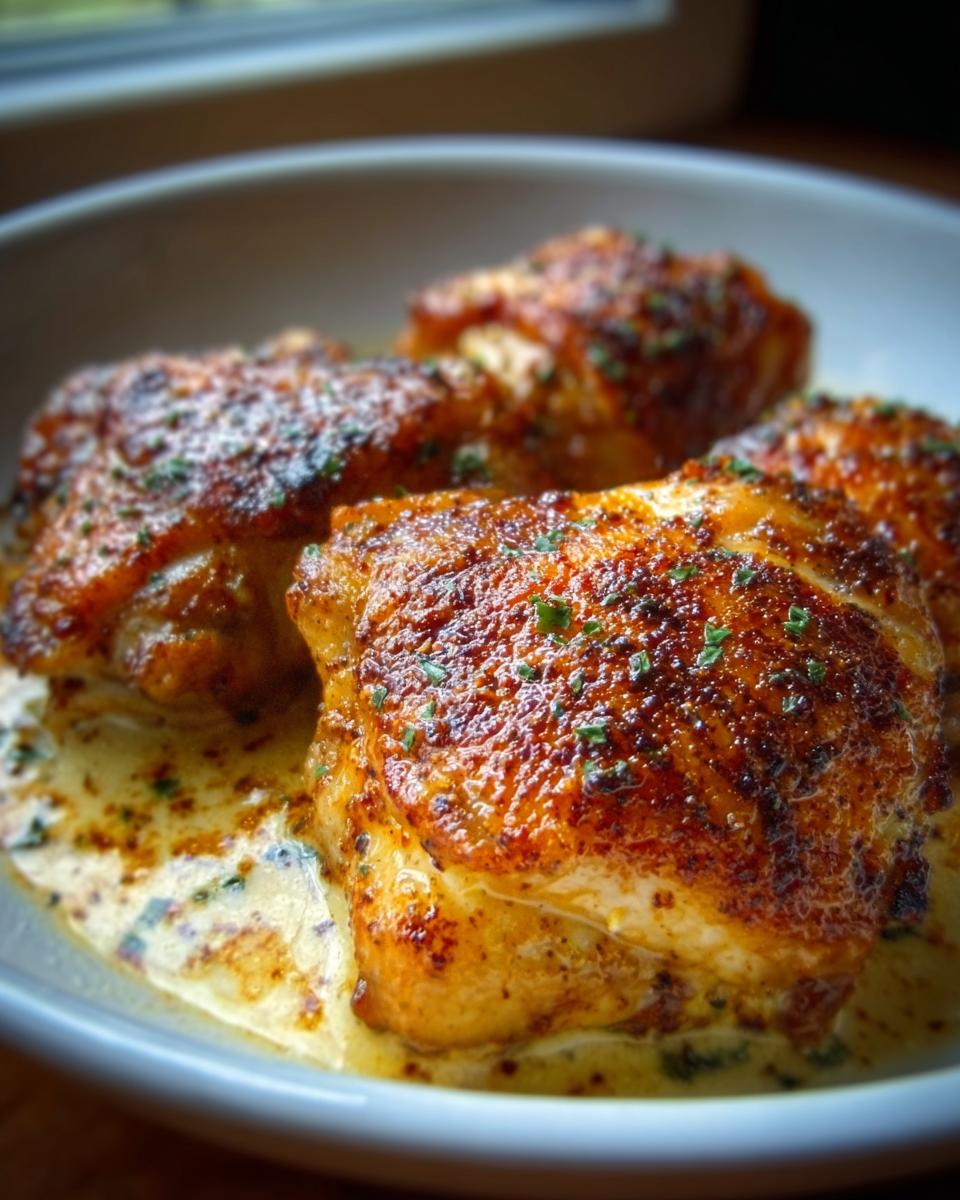 Close-up of four crispy, seasoned chicken thighs served in a creamy pan sauce, perfect for The Ultimate Chicken Thigh Recipes Guide.