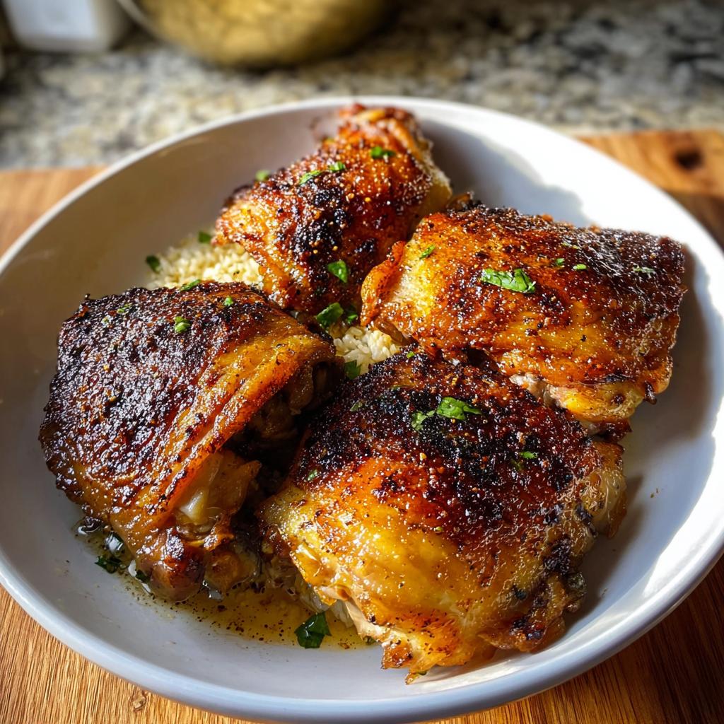 Four perfectly cooked, crispy skin Restaurant-Style Chicken Thigh Recipes at Home served over rice.