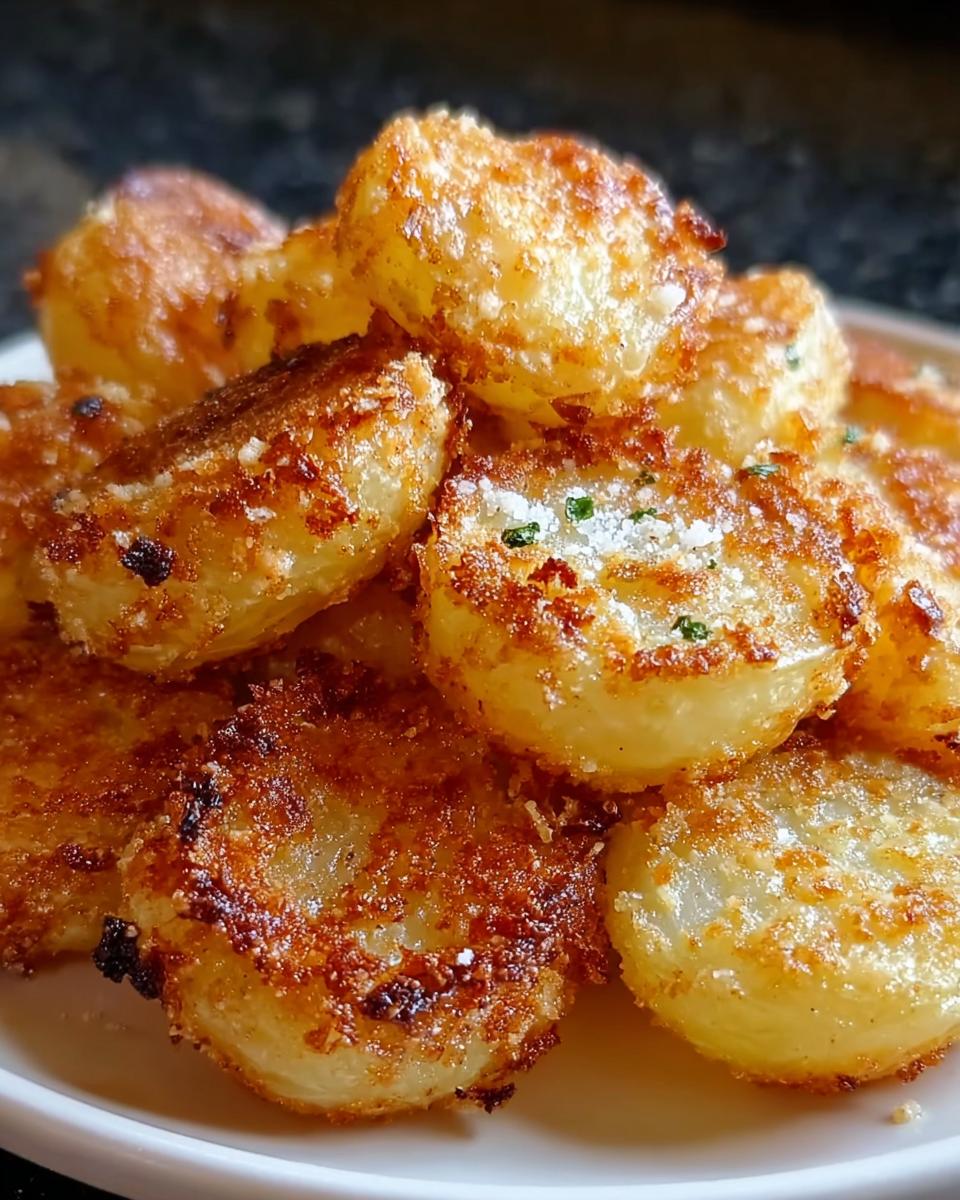 A close-up of oven-roasted Crispy Crunchy Parmesan Potatoes piled high on a white plate.