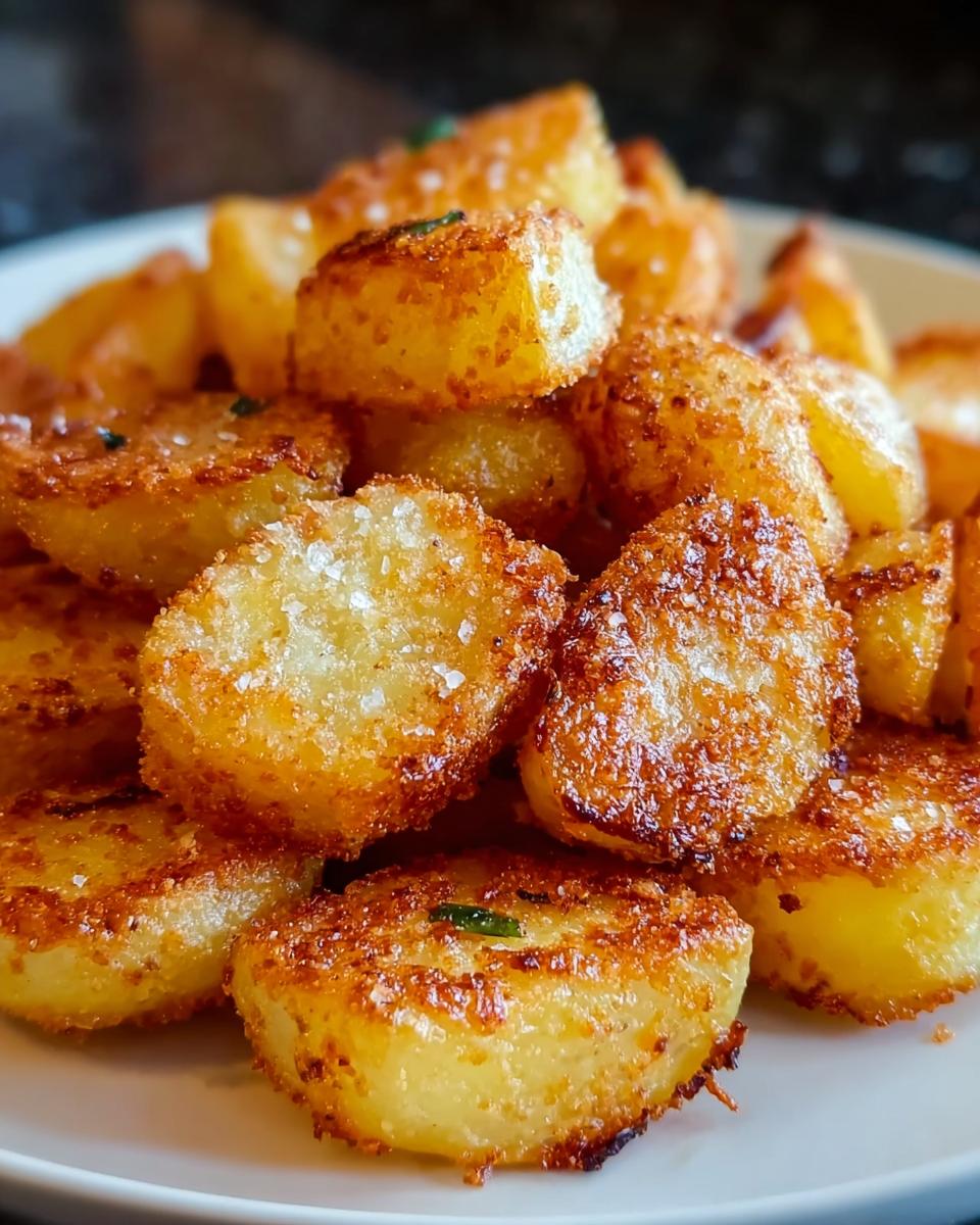 Close-up of perfectly roasted Crispy Crunchy Parmesan Potatoes sprinkled with coarse salt.