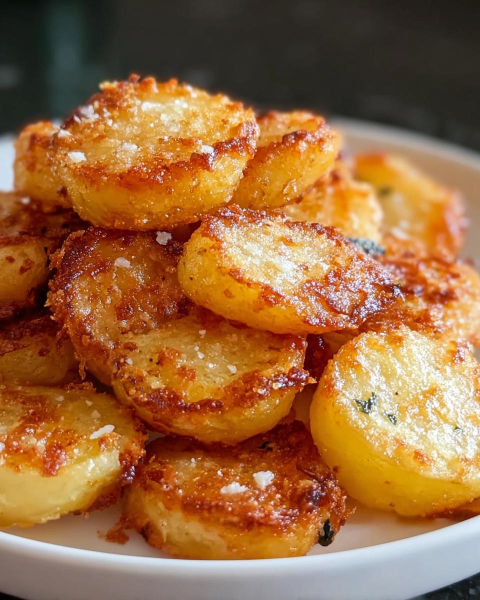 A close-up stack of golden brown, oven-roasted Crispy Crunchy Parmesan Potatoes sprinkled with coarse salt.