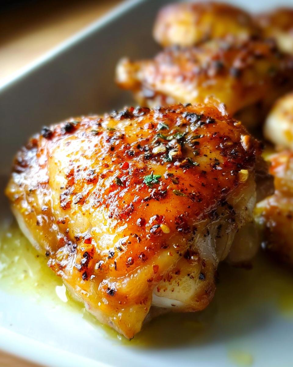 Close-up of a perfectly cooked, crispy, and glazed chicken thigh seasoned with herbs and spices.