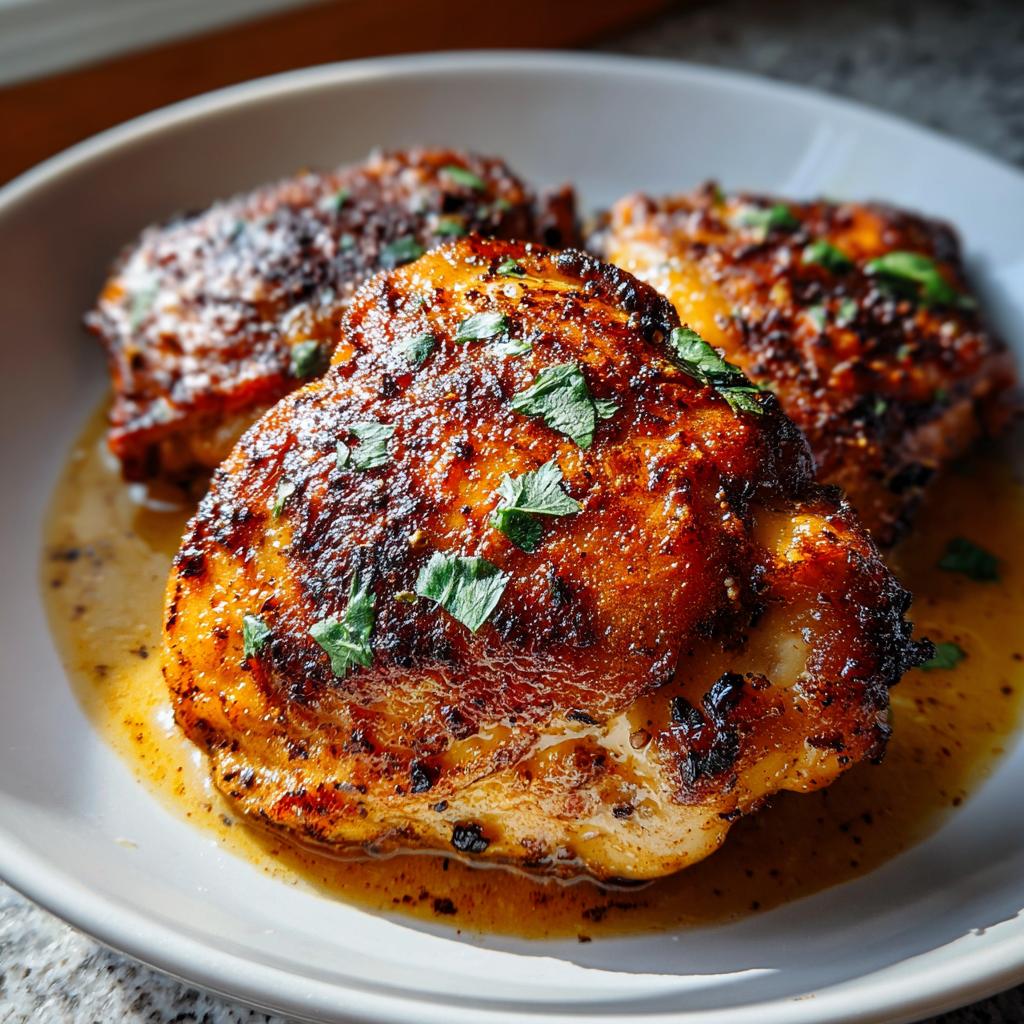 Close-up of three perfectly cooked, glazed chicken thighs resting in a savory pan sauce, garnished with fresh parsley.