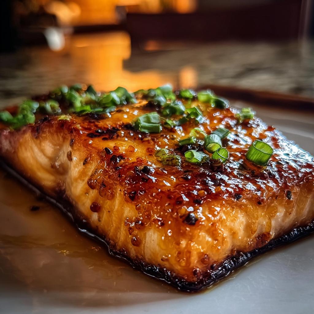 A close-up, appetizing shot of a perfectly cooked Crispy Honey Garlic Glazed Salmon fillet topped with fresh green onions.