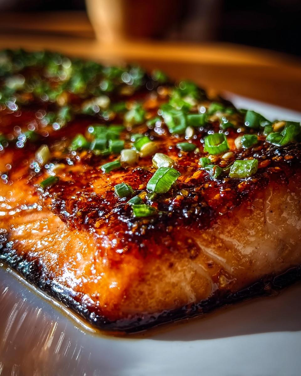 Close-up of a perfectly cooked fillet of Crispy Honey Garlic Glazed Salmon topped with chopped green onions.