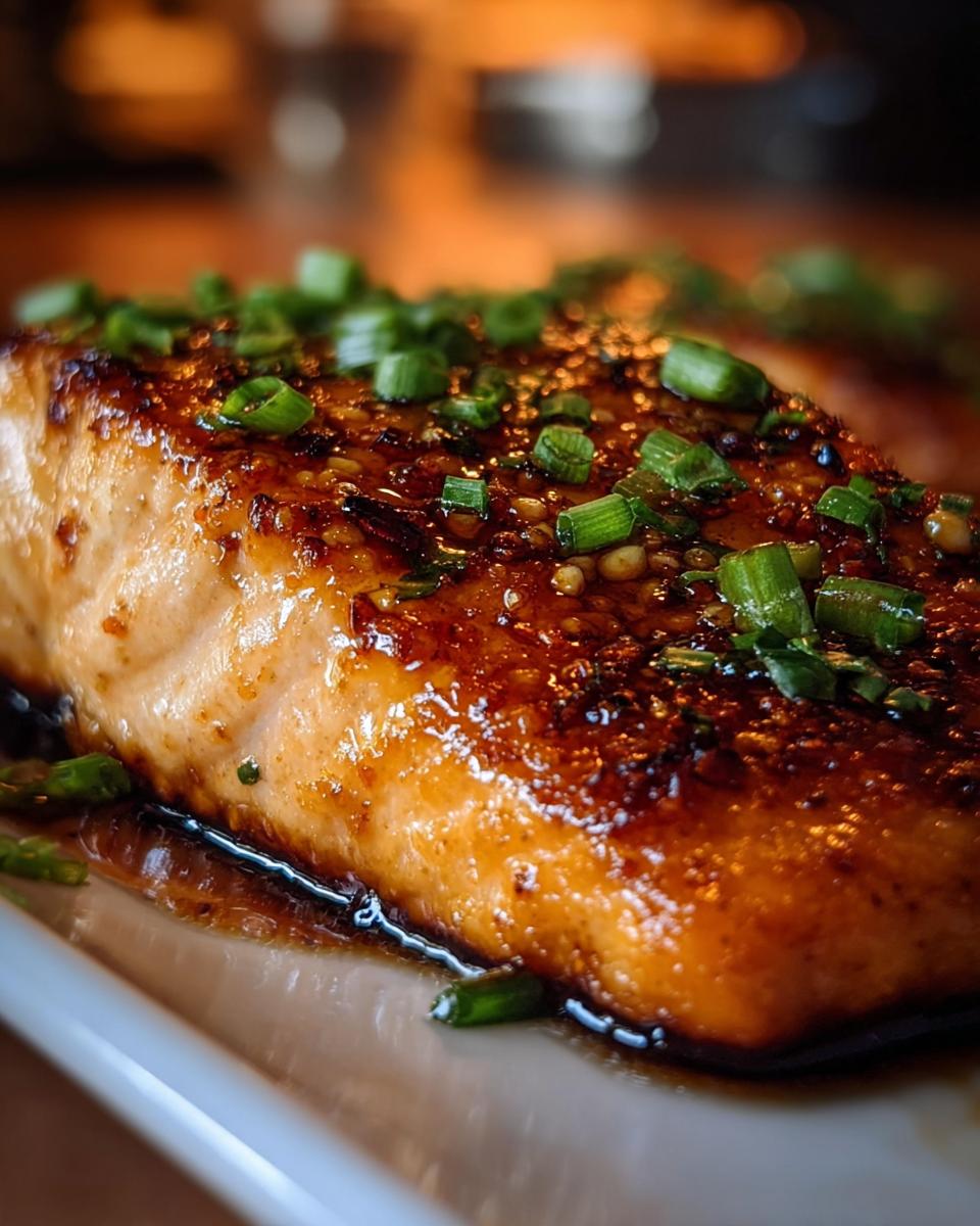 A close-up of a perfectly cooked salmon fillet with a shiny, dark honey garlic glaze, topped with chopped green onions.