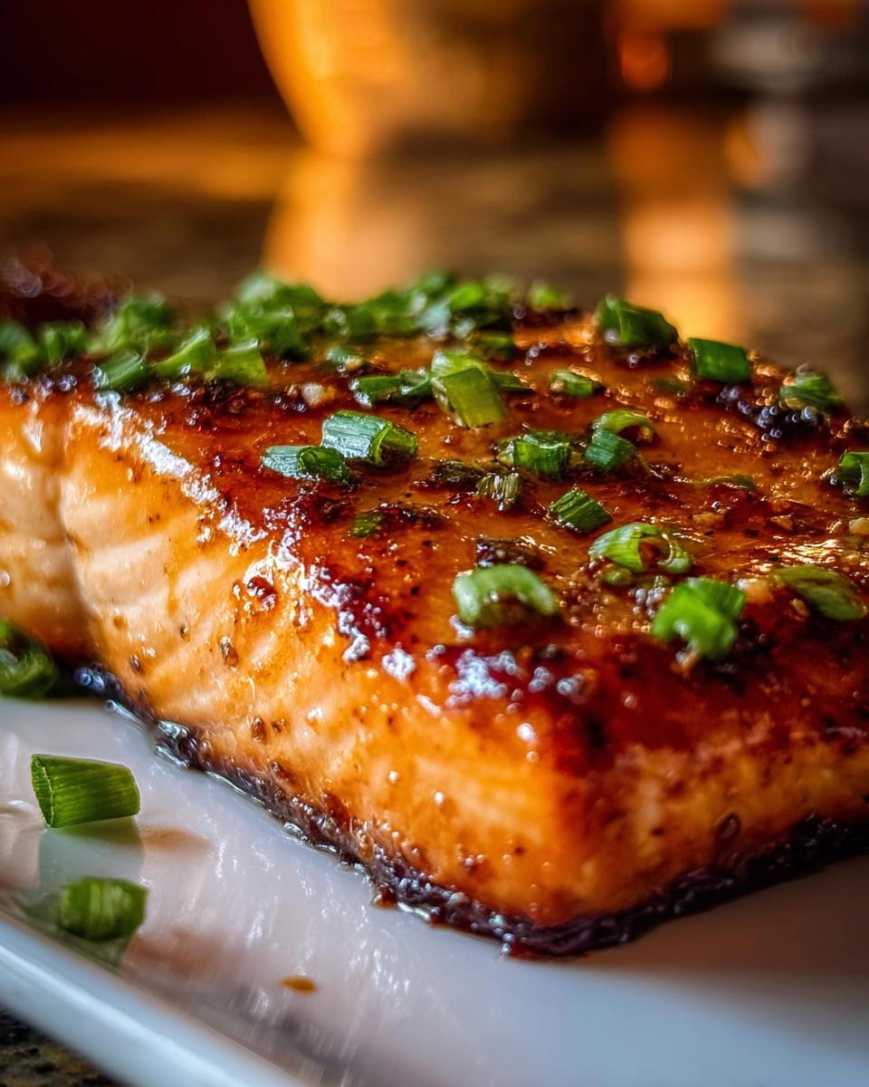 A close-up, macro shot of a perfectly cooked fillet of Crispy Honey Garlic Glazed Salmon topped with fresh green onions.
